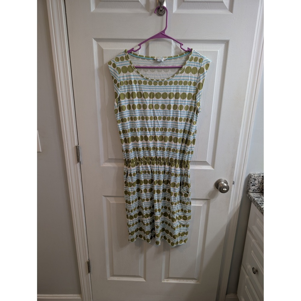 Boden Women's Sleeveless Blue Green Dot Striped Knit Pockets Dress - Size US 12